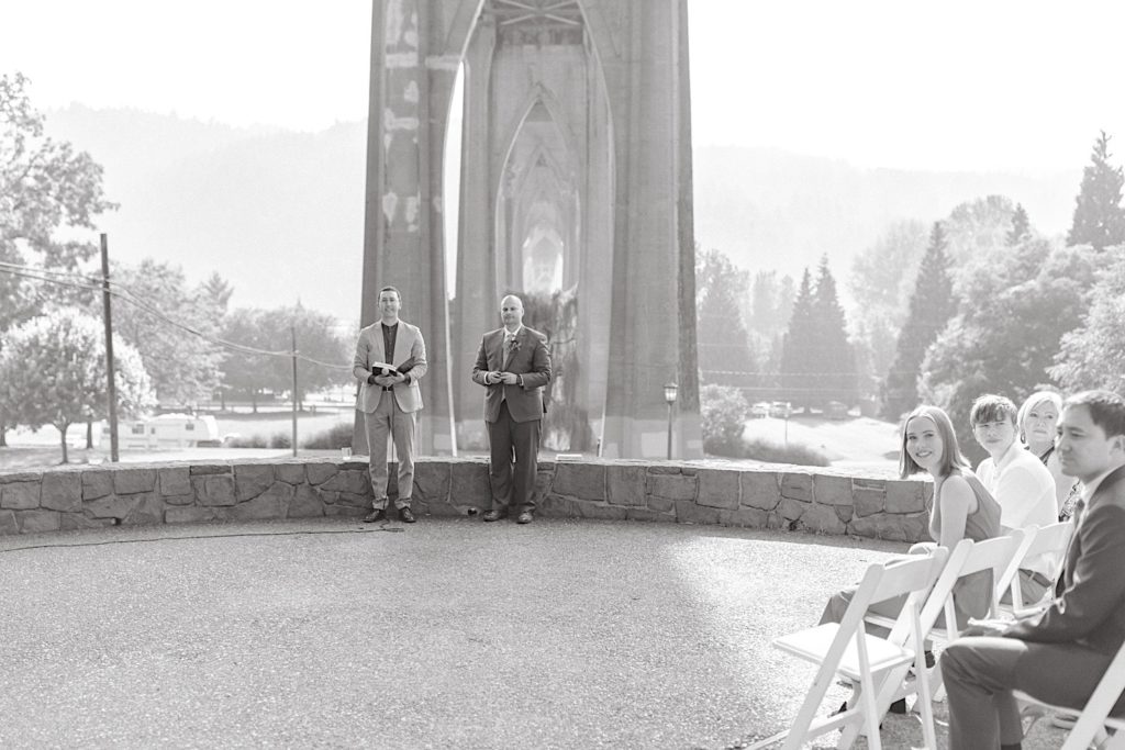 groom waiting for bride at cathedral park wedding ceremony