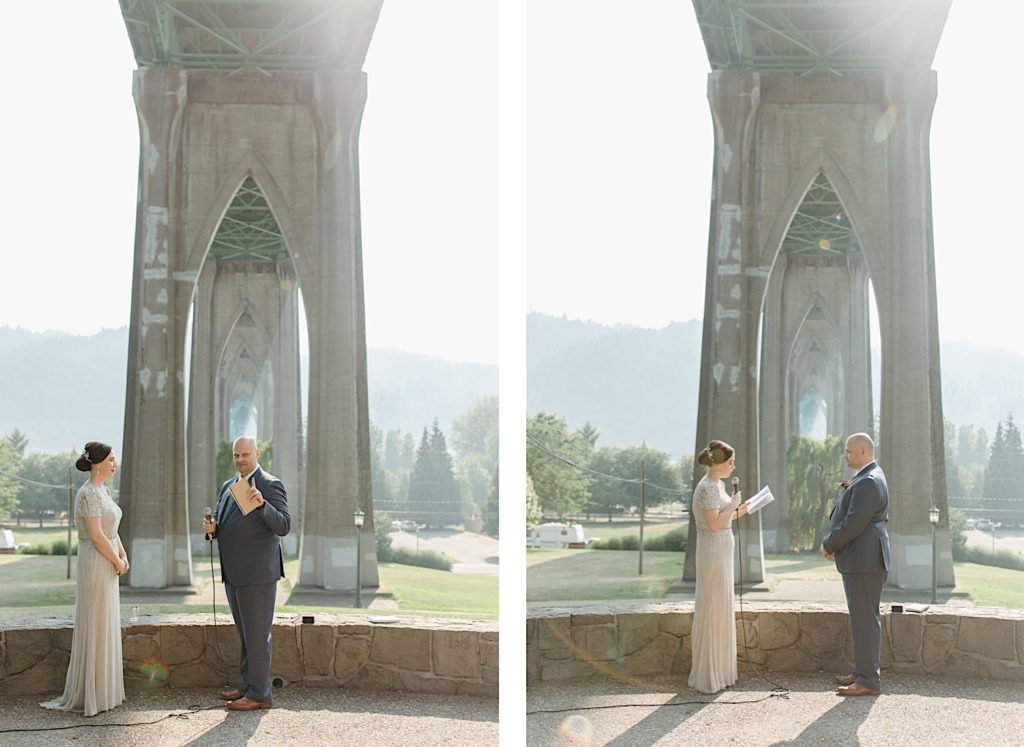 bride and groom reading vows during cathedral park wedding